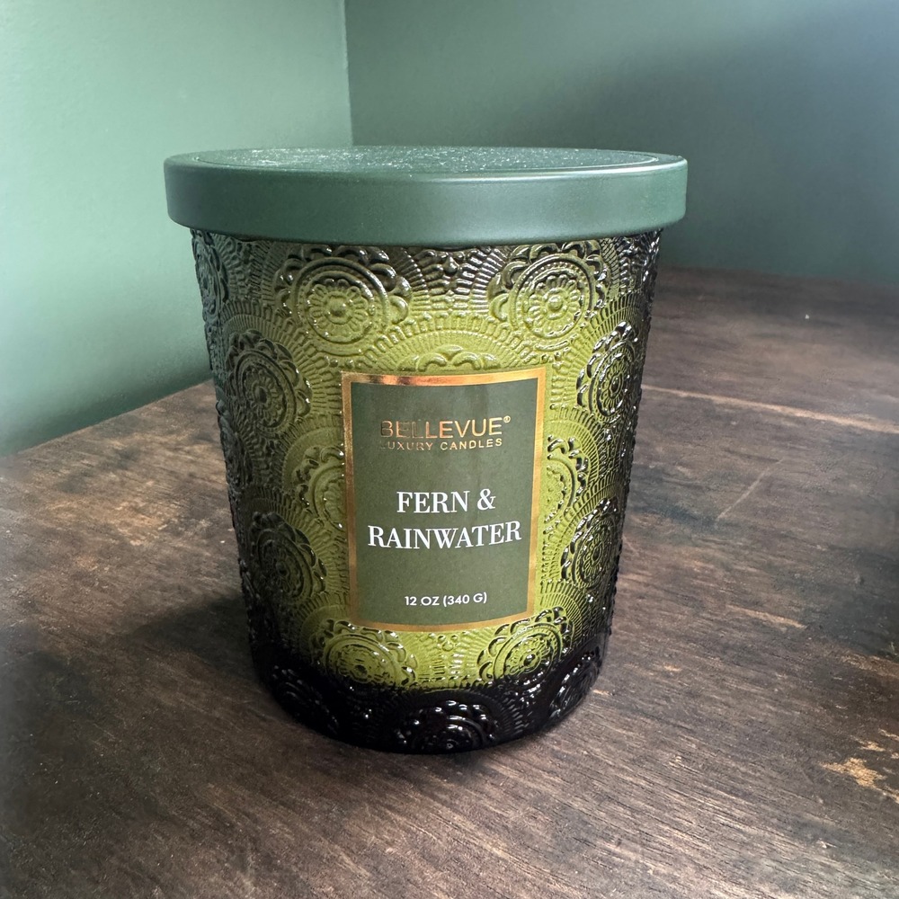 Bellevue Luxury Candles Fern & Rainwater 12 oz Embossed Glass Scented Candle